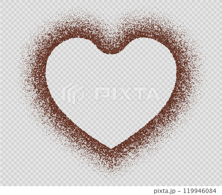 Coffee frame, chocolate border, ground arabica powder in heart and star shapes. 119946084