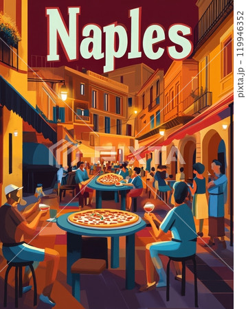 Experience a vibrant evening in Naples as locals and visitors delight in pizza and wine at lively outdoor tables, surrounded by charming streets and warm lights, embodying Italian culture. 119946352