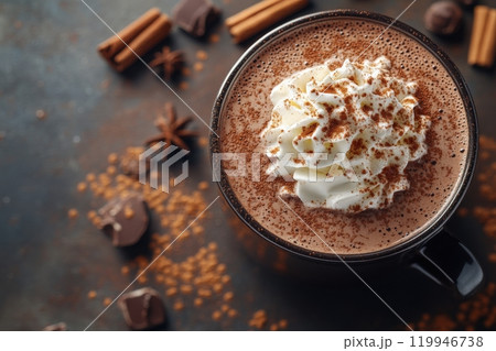 Enjoy the rich aroma of a steaming cup of hot chocolate, adorned with whipped cream and cinnamon, surrounded by chocolate pieces and decorative spices for a cozy experience. Enjoy the rich aroma of a steaming cup of hot chocolate, adorned with whipped cream and cinnamon, surrounded by chocolate pieces and decorative spices for a cozy experience. 119946738