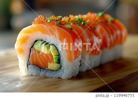 A visually appealing sushi roll sits on a wooden board, showcasing layers of salmon and vibrant fish roe. Fresh ingredients are highlighted, creating an inviting dining experience. A visually appealing sushi roll sits on a wooden board, showcasing layers of salmon and vibrant fish roe. Fresh ingredients are highlighted, creating an inviting dining experience. 119946755