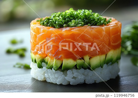 A beautifully arranged sushi roll showcases layers of fresh salmon and cucumber atop a bed of rice, garnished with chopped green onions, illuminated by soft natural light. A beautifully arranged sushi roll showcases layers of fresh salmon and cucumber atop a bed of rice, garnished with chopped green onions, illuminated by soft natural light. 119946756