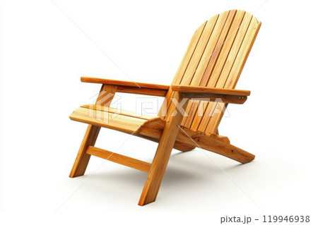 This wooden deck chair stands alone, inviting relaxation. Its design showcases natural wood grains, perfect for enjoying a sunny day or quiet evening in a peaceful outdoor area. 119946938