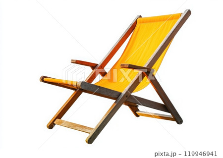 A wooden deck chair with a vibrant yellow canvas sits isolated, inviting relaxation under the open sky. Ideal for enjoying leisurely afternoons outside in comfort. 119946941