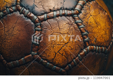 The macro perspective reveals the intricate details of a well-used soccer ball, showcasing its worn leather surface and complex stitching. This tactile quality emphasizes its history on the field. 119947001