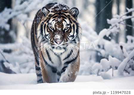 Young tiger in the snow, looking at me, in natural habitat 119947028