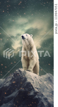 Polar bear stand on summit, winter night view. Change climate or global warming theme. 119947051