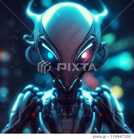 Alien invader against a background of blurry city lights. The concept of an alien from an alien planet. 119947108