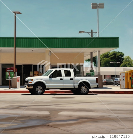 A pickup truck in gas station and convenience store at street corner near Sam Houston Highway. 119947130