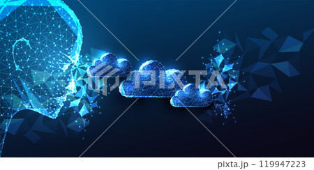 AI in big data concept with humanoid looking at clouds and abstract connections on blue background 119947223