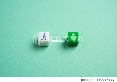 Man runs towards money, concept. In the race for profit. Attracting new employees with high salaries, bonuses and allowances. The desire to earn more money. The desire to get rich. Labor resources. 119947533