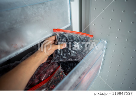 Hands hold zip bag with blueberries, putting into freezer. Cost effective frozen food storage 119947557