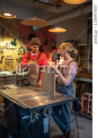 Carpenter colleagues, man and woman, discuss work in workshop. Mentor explain woodwork techniques Carpenter colleagues, man and woman, discuss work in workshop. Mentor explain woodwork techniques 119947607