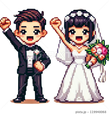 結婚式の可愛いピクセル新郎新婦イラスト 119948068