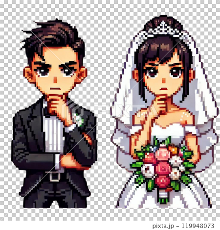 Cute pixel bride and groom illustration for wedding 119948073