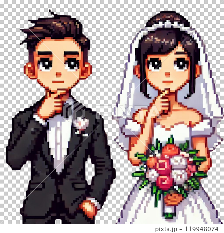 結婚式の可愛いピクセル新郎新婦イラスト 119948074