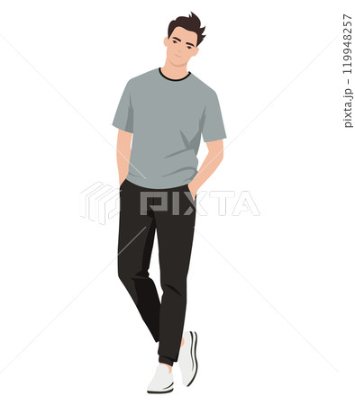 Vector illustration. A man in a light gray T-shirt and dark trousers. The image is discreet and stylish, ideal for everyday wear in a calm environment. 119948257
