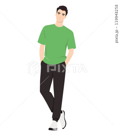 Vector illustration on white background. Man in bright green T-shirt and black pants creating fresh and energetic image. 119948258
