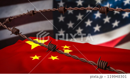 The rusty barbed wire and usa and china flag Background for Business concept 3d rendering. The rusty barbed wire and usa and china flag Background for Business concept 3d rendering. 119948301