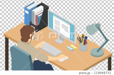 Isometric illustration: Woman working on a computer 119948731