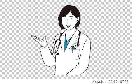 A simple illustration of a woman in a white coat giving directions A simple illustration of a woman in a white coat giving directions 119948798