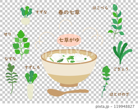Set of illustrations of the seven herbs of spring and nanakusa-gayu (rice porridge with seven herbs) 119948827