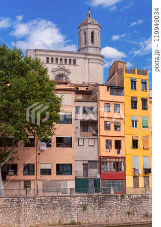 Girona Cathedral Tower and Colorful Buildings in Girona, Spain 119949034