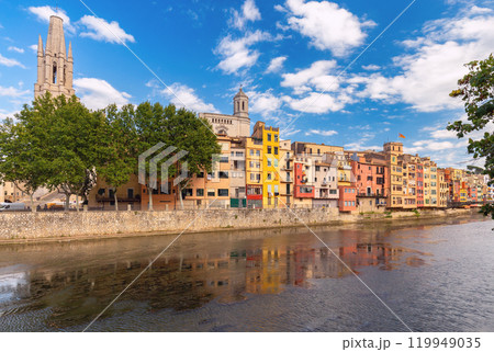 Girona Cathedral Tower and Colorful Buildings in Girona, Spain 119949035
