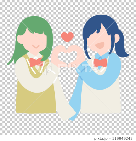 A flat illustration of a friendly pair of women in school uniforms making a heart with their hands 119949245