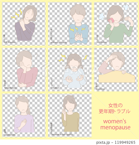 Menopausal problems in women: stiff shoulders, stiff hands, hot flashes, forgetfulness, irritability, insomnia, palpitations, deterioration of hair quality Menopausal problems in women: stiff shoulders, stiff hands, hot flashes, forgetfulness, irritability, insomnia, palpitations, deterioration of hair quality 119949265