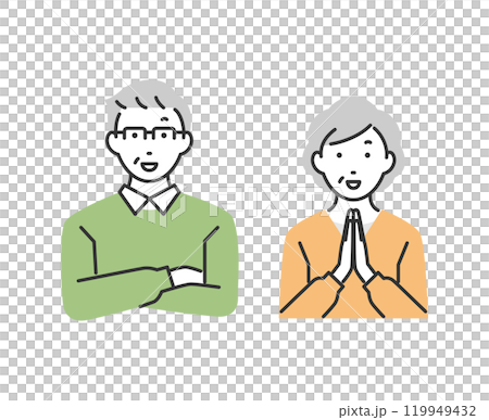 シニア夫婦のポジティブな表情のイラスト シニア夫婦のポジティブな表情のイラスト 119949432