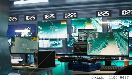 Advanced technology in army command center housing operational missile defense system. Armed forces headquarters used for tracking enemy rockets using radar systems during war Advanced technology in army command center housing operational missile defense system. Armed forces headquarters used for tracking enemy rockets using radar systems during war 119949457