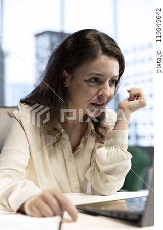 Focused driven leader working on increasing her business profit, strategic thinking and decision making for company growth. Powerful ambitious CEO with full management and authority. Focused driven leader working on increasing her business profit, strategic thinking and decision making for company growth. Powerful ambitious CEO with full management and authority. 119949642
