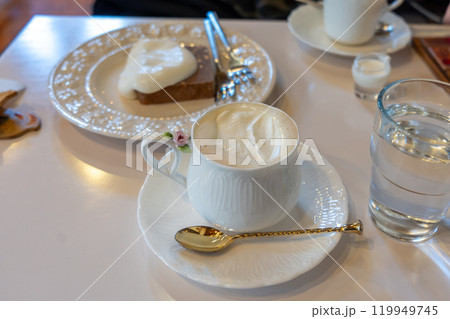カフェタイムにぴったりのウィンナーコーヒーとチョコレートケーキ 119949745