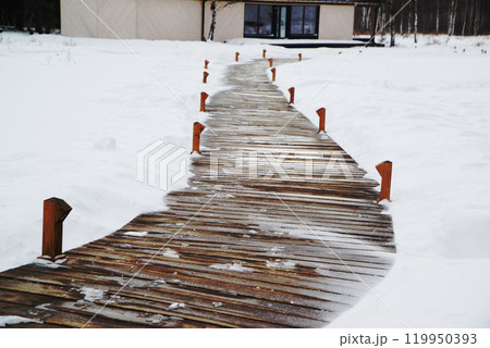 Empty wooden walkway in the park a snowy day. Winter scene in Russia. Snow covered trees in the woods. 119950393