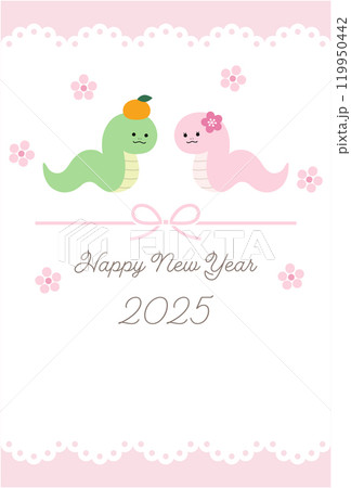 2025年巳年の年賀状テンプレート 蛇年 かわいい レース 花 ベクター 2025年巳年の年賀状テンプレート 蛇年 かわいい レース 花 ベクター 119950442