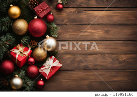 木製のテーブルに置かれたクリスマスツリーと装飾 119951160