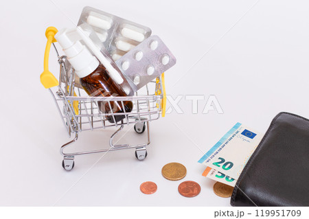 Pills and Capsules in a Shopping Cart and Black Wallet with Euro Money 119951709