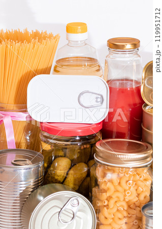 Food Reserves: Canned Food, Spaghetti, Pate, Tuna, Tomato Juice, Pasta, Fish and Grocery Food Reserves: Canned Food, Spaghetti, Pate, Tuna, Tomato Juice, Pasta, Fish and Grocery 119951712
