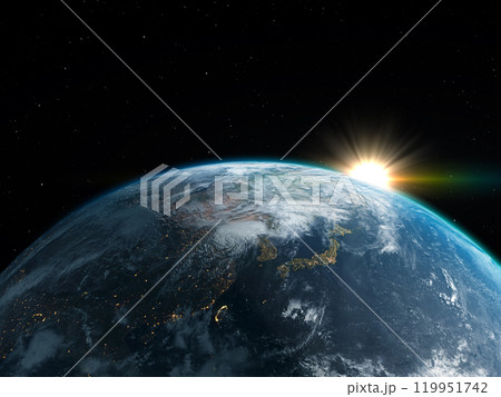 地球　日本　日の出　太陽　CG　背景 119951742
