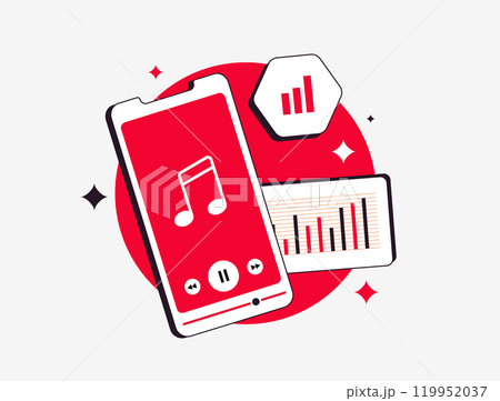 Music data analytics illustration showing trends in streaming, user insights and performance metrics. Analyzing listener behavior, boosting engagement and optimizing music marketing strategies 119952037