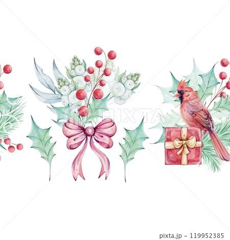 Watercolor seamless border - Christmas bird red cardinal, berries, gift box, poinsettia flowers bouquet with holly green leaves. Arrangement with brunch. Symbol of Christmas. Winter holiday decoration Watercolor seamless border - Christmas bird red cardinal, berries, gift box, poinsettia flowers bouquet with holly green leaves. Arrangement with brunch. Symbol of Christmas. Winter holiday decoration 119952385