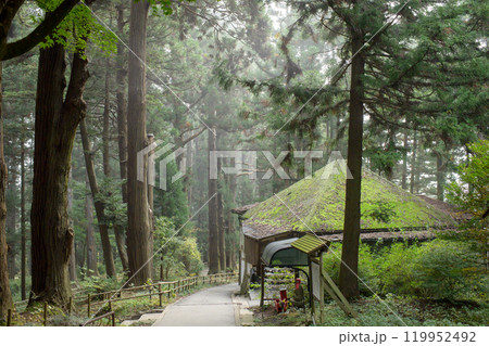 世界遺産中尊寺 月見坂 霧に包まれる静かな秋の朝 岩手県 世界遺産中尊寺 月見坂 霧に包まれる静かな秋の朝 岩手県 119952492