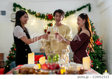 friends having fun dinner drinking celebrating christmas party. happy holiday cheerful enjoy dinner evening at home. friends having fun dinner drinking celebrating christmas party. happy holiday cheerful enjoy dinner evening at home. 119952523