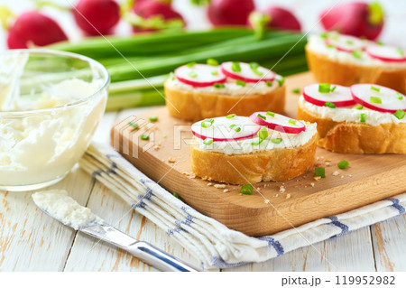 Light healthy diet snacks with crispy baguette , soft cheese and freshly gathered organic radishes and chives. Light healthy diet snacks with crispy baguette , soft cheese and freshly gathered organic radishes and chives. 119952982