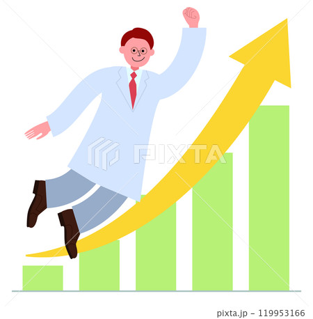 右肩上がりの棒グラフと拳を突き上げて宙を浮く白衣を着た男性のイラスト 右肩上がりの棒グラフと拳を突き上げて宙を浮く白衣を着た男性のイラスト 119953166