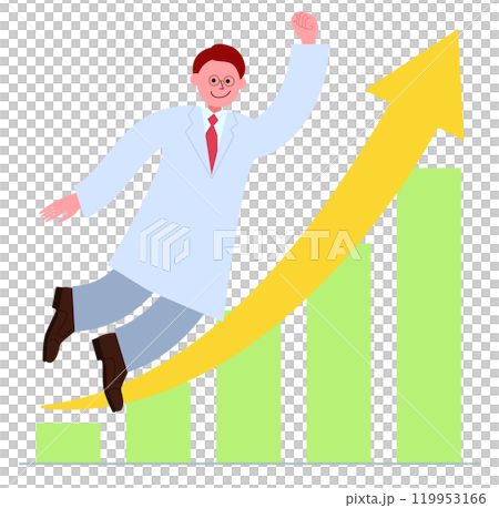 右肩上がりの棒グラフと拳を突き上げて宙を浮く白衣を着た男性のイラスト 右肩上がりの棒グラフと拳を突き上げて宙を浮く白衣を着た男性のイラスト 119953166