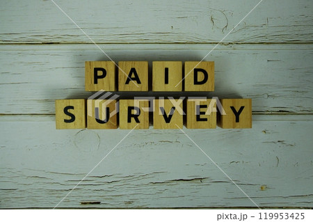 Paid Survey with wooden blocks alphabet letters top view on wooden background Paid Survey with wooden blocks alphabet letters top view on wooden background 119953425
