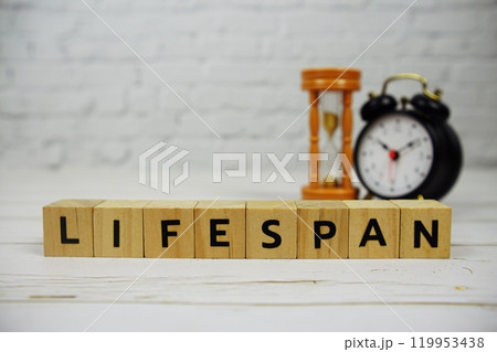 Lifespan with wooden blocks alphabet letters and alarm clock on wooden background Lifespan with wooden blocks alphabet letters and alarm clock on wooden background 119953438