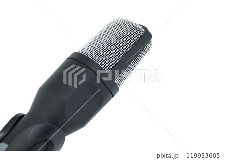 Close-up of a professional microphone on a stand, isolated on a white background Close-up of a professional microphone on a stand, isolated on a white background 119953605