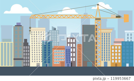 Street in City Town with Cityscape Skyscrapers Building Landscape and Tower Crane Construction Street in City Town with Cityscape Skyscrapers Building Landscape and Tower Crane Construction 119953667